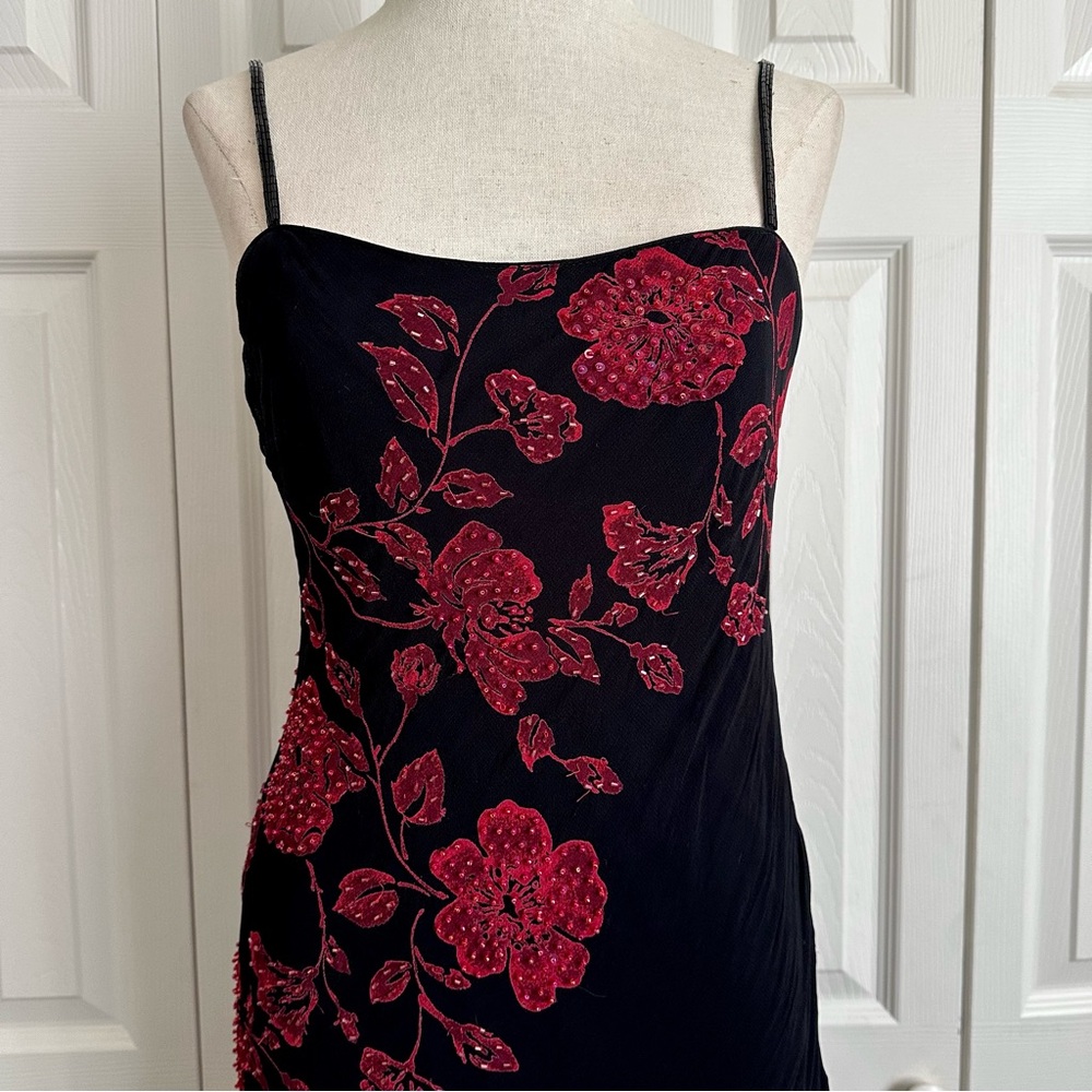 Vintage Eva Blue Bias Cut Dress Dark Fairy Black With Red Roses Beaded Medium - Picture 5 of 10